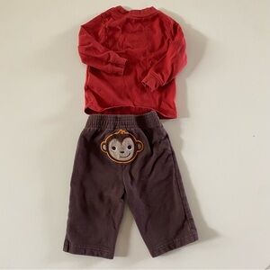 Baby Boy Oufit Bundle - Orange Tee and Monkey Embroidered Pants (6m)